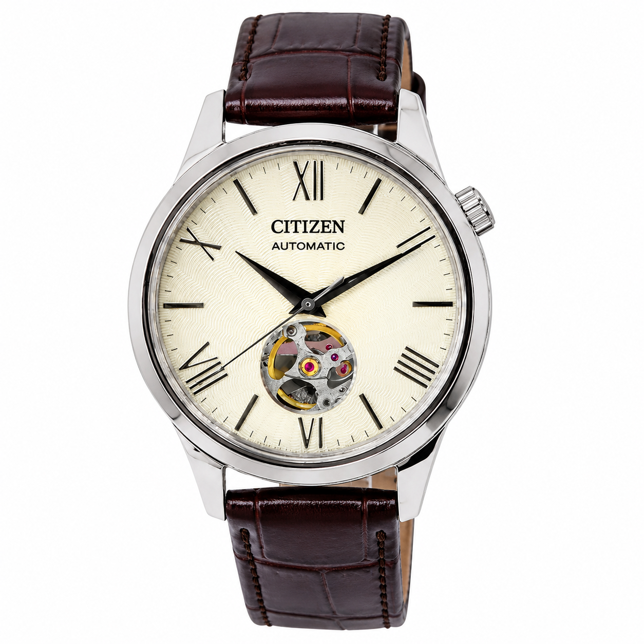 Citizen Calf Leather Strap Open Heart Ivory Dial Automatic NH9130-17A Men's Watch