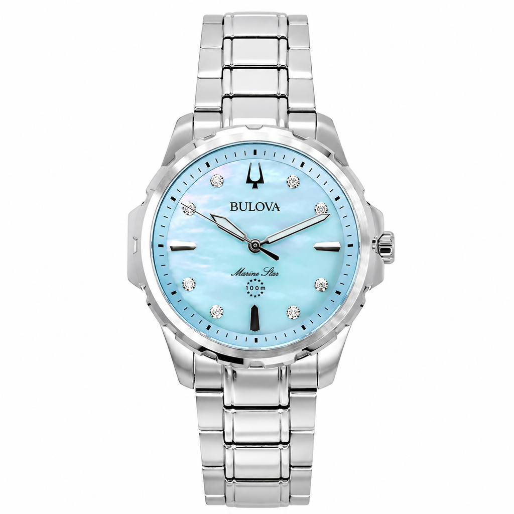 Bulova Marine Star Diamond Accents Stainless Steel Blue Mother Of Pearl Dial Quartz 96P248 100 Women's Watch