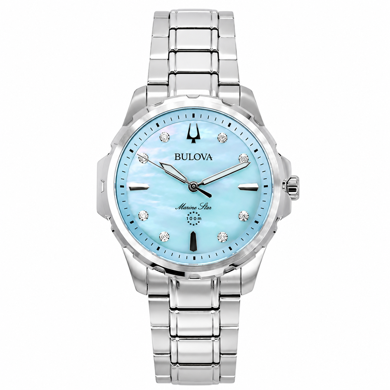 Bulova Marine Star Diamond Accents Stainless Steel Blue Mother Of Pearl Dial Quartz 96P248 100 Women's Watch